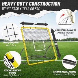 TELURY Heavy Duty Baseball Rebounder Net 4x4.5 FT Pitchback with 3 Adjustable Angles, Baseball and Softball Bounce Back Net for Ground, Line Drive, Fly Ball Return Settings Fielding Trainer (Yellow)