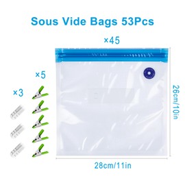 Reusable Sous Vide Bags 53Pcs BPA-Free, 2.9L Vacuum Sealer Bags for Cooking & Microwave, 45 Zipper Bags, 3 Seal Clips ＆ 5 Cooking Clips, Heat-Resistant & Leakproof (10x11in)