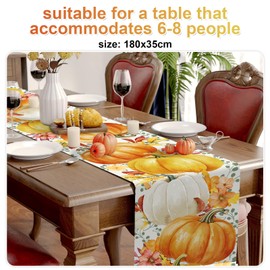 Pumpkin Table Runner, Orange Pumpkin Flowers Leaves Fall Table Runners, Seasonal Autumn Kitchen Dining Table Decor for Thanksgiving Harvest Home Holiday Party, 13x72 Inch