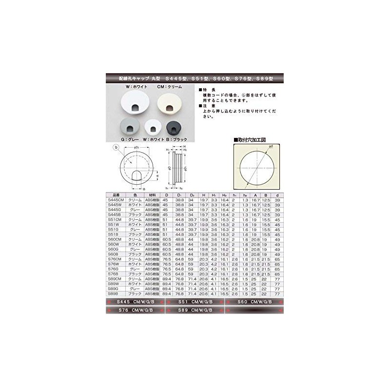 Wiring Hole Cap Round [LAMP] Sugatsune S51 Type W: White