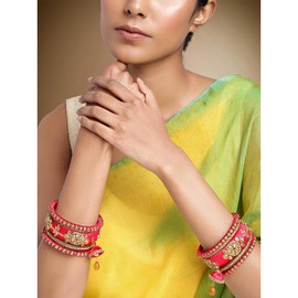 Aheli Royal Design Faux Stone Studded Silk Thread Bangle Chudha Set with Jhumki Tassel Hanging Indian Wedding Wear Fashion Jewelry for Women Red 2.8 Inch
