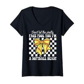 Womens Don't Let The Pretty Face Fool You I'm A Softball Beast Girl V-Neck T-Shirt