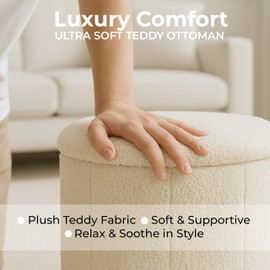 ARIA HOME Round Ottoman Coffee Table with Storage, Boucle Teddy Fabric Foldable Bench Footrest for Entryway, Removable Tray Lid, 17" W x 17" H for Bedroom, Living Room, Beige