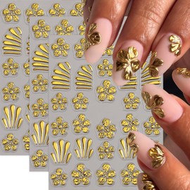 3Pcs 5D Embossed Flower Nail Art Stickers Decals 5D Embossed Floral Nail Stickers Self-Adhesive Hibiscus Nail Decals Metallic Gold Five Petal Flower Nail Design Nail Decor Pegatinas Uñas for Women