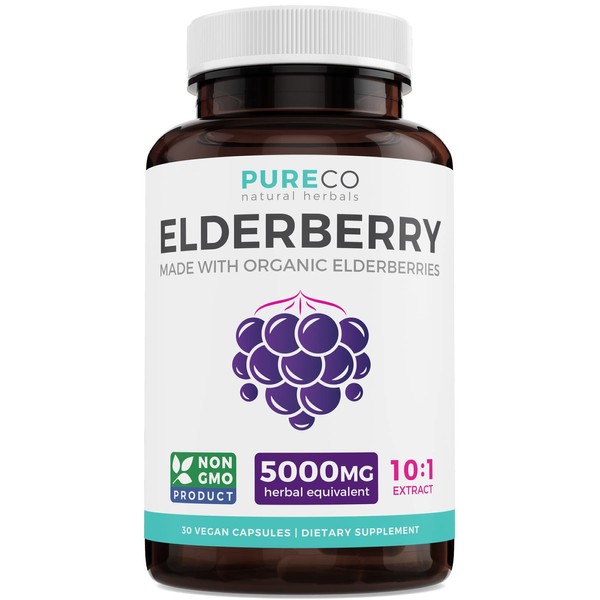 Organic Elderberry Capsules - 10:1 Extract Equals 5,000mg of Fresh Elderberries (Vegan) for Immune Support, Allergy, Sinus Relief - Sambucus Nigra - Black Elderberry - 30 Caps (No Pills or Gummies)