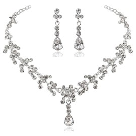 Wedding Necklace Earrings Sets for Women Crystal Bridal Flower Pendant Necklace Chain Vintage Rhinestone Necklace Teardrop Ball Dangle Jewelry for Bride Bridesmaid (Silver)