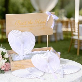 Aodaer Heart Shaped White Paper Wedding Fans with Wooden Storage Box 100 Folding Handheld Fans Satin Ribbon for Wedding Party Favors Bridal Shower DIY Crafts Event Decorations