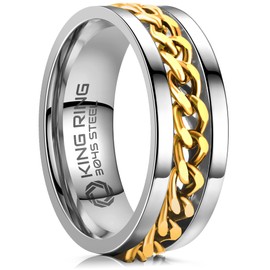 King Ring 8mm Spinner Ring – Fine Polished Flat Fidget Ring for Men & Women with Cuban Chain, Stainless Steel Ring – Silver Gold 12