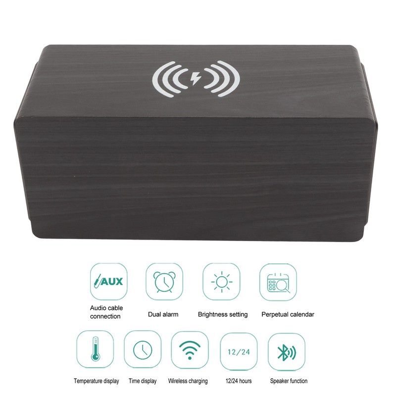 Bluetooth Speaker Digital Wooden Alarm Clock Wireless Charging 15W Dual