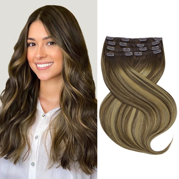 Marat Hair Extensions Clip in Human Hair, Balayage Chocolate Brown to Caramel Blonde Clip in Hair Extensions 24 inch 120g Straight Clip in Hair Extensions Human Hair