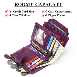 SENDEFN Women's RFID Blocking Leather Small Compact Bi-fold Zipper Pocket Wallet Card Case Purse with ID Window