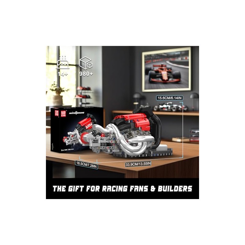 Mould King Racing Car Engine Model Kit, 980+Pcs Motorized Mini