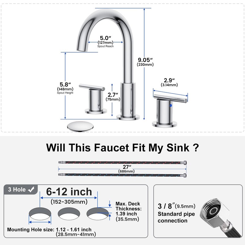 Bathroom Faucets for 3 Hole Sinks, Hurran 8 Inch Chrome