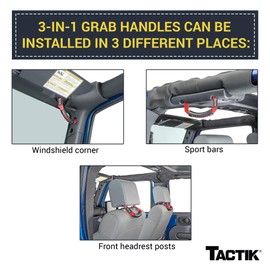 TACTIK 3-in-1 Tactical Grab Handle Pair, Red - Compatible with Jeep Wrangler JK 2007 to 2018 - Install in Windshield Corners, Sport Bars, and Front Headrest Posts - Nylon with Vinyl Grips