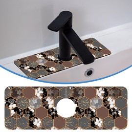 Hexagon Marble Texture Faucet Mat for Kitchen Sink White Flower, Soft Diatom Mud Material, Strong Water Absorption, Non-slip, Easy to Clean for Bathroom, Kitchen 15"X5.5"