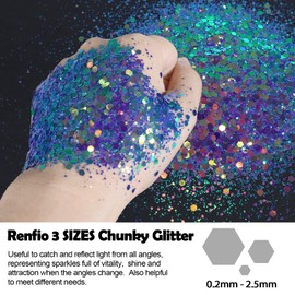 Renfio Chameleon Chunky Glitter, Mixed Fine Powder Color Shift 1.75 Oz (50g) PET Flake Hexagon Purple Copper Green Glitters Sequin Resin Pigment Chip Dust for Slime Painting Craft Hair Nail - Mermaid