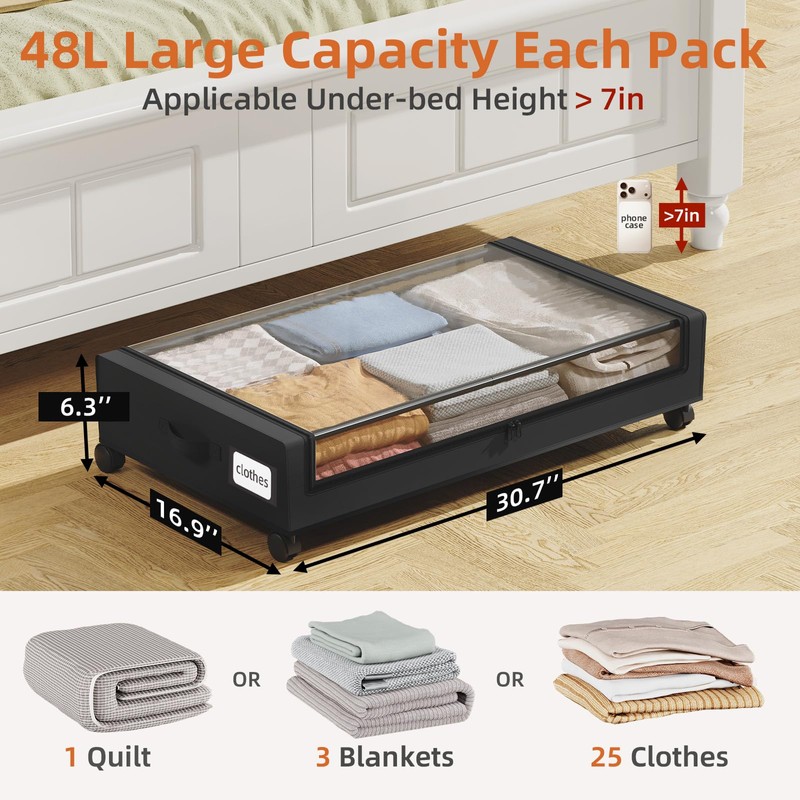 Somdot Under Bed Storage with Wheels, 2 Pack Under Bed
