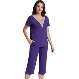 NACHILA Pajamas for Women-Viscose Made from Bamboo, Short Sleeve Sleepwear Soft Capri Pants Pjs Lace V Neck Lounge Sets Deep Purple Small