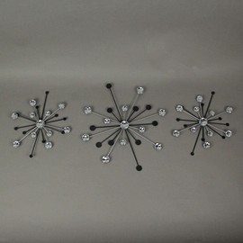 Zeckos 3-piece Mid-Century Modern Style Black and Silver Metal Jeweled Atomic Starburst Wall Décor Set - Timeless Elegance - Easy Install - Sparkling Accents For Your Home