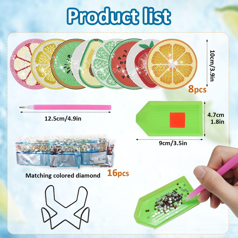 8 Pcs DIY Diamond Art Coasters with Holder, Colourful Fruit
