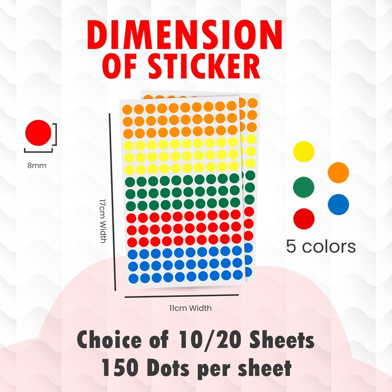 RubiGo - 8mm Sticky Dots 1500/3000 Coloured Dot Stickers, 5