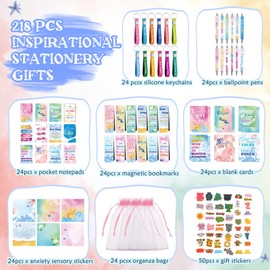 Pasimy 218 Pcs Inspirational Stationery Gifts Motivational Mini Notepad Pen Quote Bookmarks Stress Relief Stickers Inspiring Silicone Keychains for Kid Adult School Office Appreciation (Watercolor)