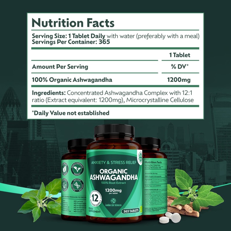 365 Tablets Ashwagandha 12:1 Extract 1200mg, 5% Withanolides Highest Concentration