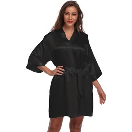 FADSHOW Women's Satin Kimono Robes Short Silk Bathrobes Loungewear,Black,Large