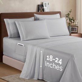 Elegant Comfort 1500 Premium Quality 6-Piece Bed Sheet Set - 18-24 Inch Extra Deep Pocket, Smart Storage Pockets, Wrinkle Free Ultra Soft 6PC Extra Deep Pocket Sheets, California King, Silver Gray