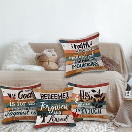 (RB) Scripture Art Vintage Flannel Throw Pillow Case, 18 x 18 Inch Set of 4, Christian Decor, Christian Gift, Church Gifts, Inspirational Gift, Cushion Cover for Sofa Couch Bed