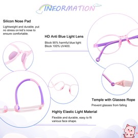 LAMBBAA 2 Pack Kids Blue Light Blocking Glasses, Computer Glasses with Rope, Anti Blurry and Eyestrain, Cut UV400 Anti Glare for Children Age 3-12 (Black Red, Clear Pink)