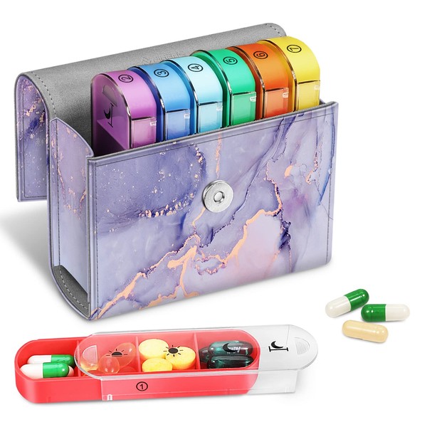 FINPAC Pill Box 7 Days 4 Compartments - Pill Box 4 Times a Day with Faux Leather Bag and Name Card Medicine Box for Pills Vitamin Fish Oil for Morning Noon Evening Night (Z Purple Marble)