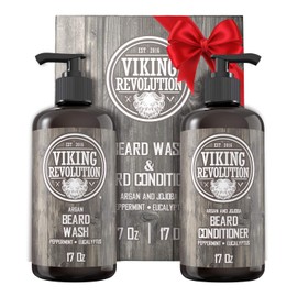 Viking Revolution Beard Wash & Conditioner Set w/Argan & Jojoba Oils – Softens, Smooths & Strengthens Beard Growth - Natural Peppermint and Eucalyptus Scent - Shampoo (17 oz)