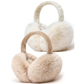 Pack of 2 Winter Ear Warmers Women's Plush Foldable & Adjustable Earmuffs Unisex Warm Soft Ear Protection Outdoor Faux Fur Earmuffs for Men and Women, White+Khaki