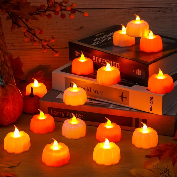 VIHOSE 24 Pcs Pumpkin Tea Lights Fall Battery Operated LED
