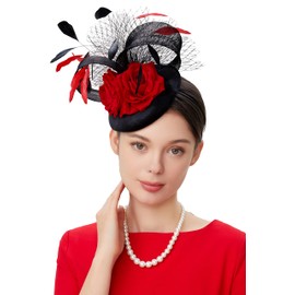 BABEYOND Fascinator Hat Feather Fascinators Hair Clip Tea Party Pillbox Derby Hat Bridal Wedding Veil Black Red