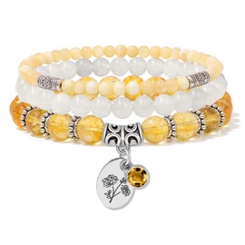 Bolinailo Citrine Bracelet for Women, Flower Birthstone Natural Healing Crystal Bracelet, Citrine Bead Bracelet for Women Anxiety Stress Relief, Citrine Jewelry Bracelet Charm Birthday Gifts