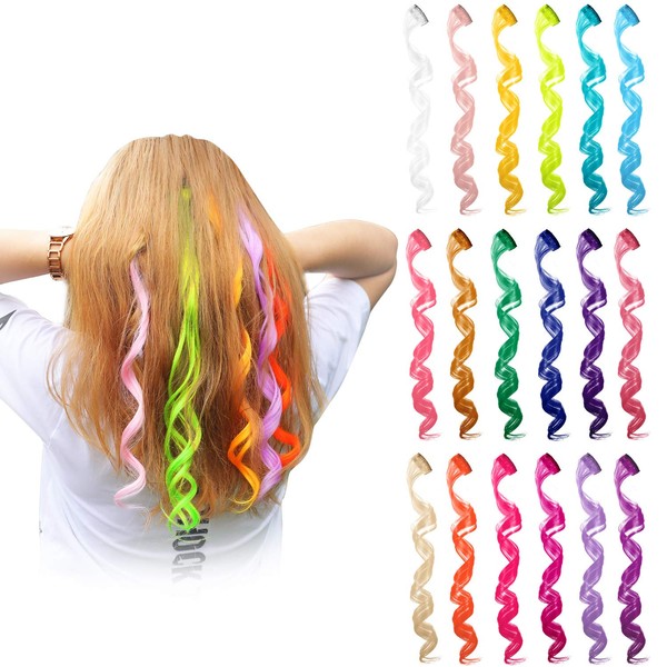 24 Pieces 24 Colors Multi-Colors Clip on in Hair Extensions Hair Pieces Colored Party Highlights DIY Hair Accessories Extensions 20 Inches Long Hair for Girls Women (24 Colors, Curly Wave)