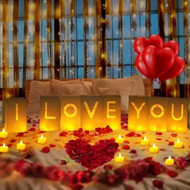 ARIKJ Special Night Romantic Decorations, Valentine's Day Decorations - I Love You Light Up Letters Luminary Bags with Bright Flameless Tea Candles and Fake Rose Petals, Happy Anniversary