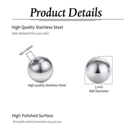 Besyvvin Piercing Balls 1.6 mm Silver Replacement Ball Stainless Steel Screw Ball 4 mm 5 mm 6 mm for Piercing Nose Belly Button Tongue Pack of 25, Stainless Steel