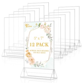 EHWINE 12 Pack Acrylic Sign Holder 5 x 7, Double Sided Clear Picture Frame Stand up Table Top Sign Holders, Clear Display Stand Menu Flyer Holder for Wedding Party (Provide Non-slip Mats)
