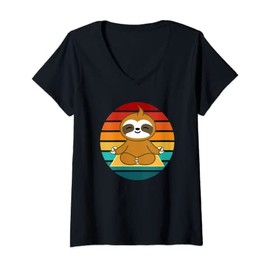 Womens Yoga pose relaxation mindfulness meditating sloth V-Neck T-Shirt