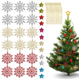 BSITSSS 18PCS 10cm Glitter Snowflake Christmas Hanging Decorations, Hanging Glitter Snowflake Christmas Decorations with Mini Star Ornaments Christmas Tree Decoration (Gold, Silver, Red)