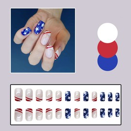 24Pcs 4th of July Square Press on Nails Medium Blue Glue on Nails with Star Designs Glossy Acrylic Fake Nails Artificial French Tip Stick on Nails for Women DIY Independence Day False Nails Decoration