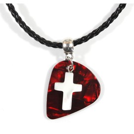 Singing for God, Guitar Pick Necklace with Mother of Pearl Cross (Red: Blood of Salvation)