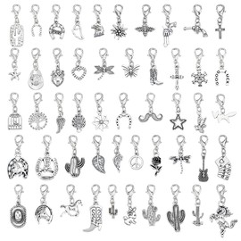 WEBEEDY 50 Styles Silver Clip on Charms Small Animal Flower Pendant with Lobster Clasps for DIY Jewelry Making,Mixed Shape Badge Reel Charm for ID Card Office Graduation Supplies Keychains Stitch Marker Accessories