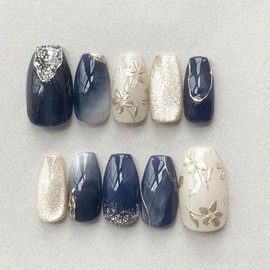 24Pcs Medium Press on Nails Blue Coffin Fake Nails with Silver Flower Designs 3D Embossed Peach Blossom Artificial Handmade Acrylic Nails Glossy Full Cover Glue on Nails for Women Acrylic Nail Decor