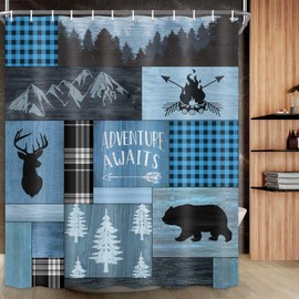 SAOLUIS Rustic Cabin Shower Curtain, Retro Farmhouse Shower Curtain Set Black Bear Elk Forest Animal Shower Curtains, Blue Patchwork Country Lodge Bathroom Curtain with 12 Hooks 69X70 Inch