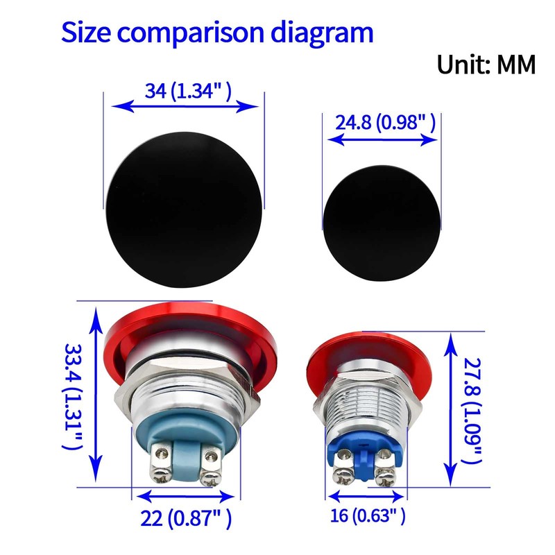 (2Pcs) 22mm Mushroom Head Black Push Button Switch 7/8in Waterproof