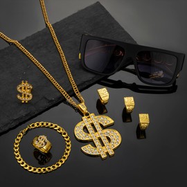 GIFIKOI 80s 90s Hip Hop Costume Outfit Kit Fake Gold Bracelet Dollar Sign Necklace Kanji Ring Sunglasses Rapper Costume Accessories Set